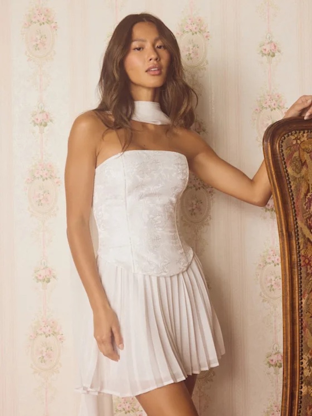 Laubrey White Floral Jacquard Mini Dress and Scarf Set